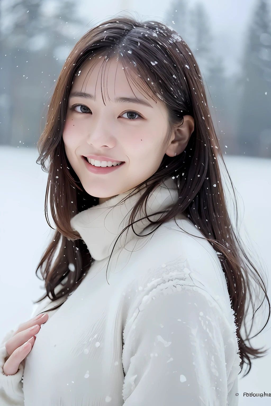 (8k、top-quality、Masterpiece、超A high resolution:1.2) (Paul Rubens and Rebecca Guay's style:1.1) (Gloomy winter snow:1.4) Beautiful Japan Pictures of Women a smile
