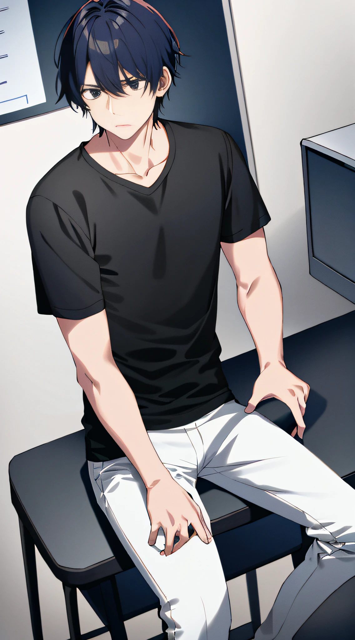 A man wears（black t-shirts，Long white pants）Sitting on a stool at his desk with his chest in his chest（A knife）A sad look on his face