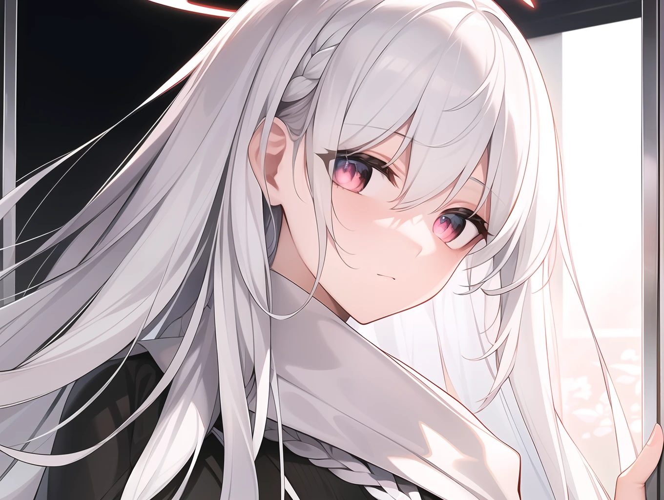 ((Masterpiece, Best quality))++, Detailed light+, Detail hair+, detail hand+ ,1girll, woman, Long hair, Crimson eyes, Beautiful eyes, Young gray hair,,(Beautiful white hair:1.5),(Beautiful detailed eyes), high resolution+, blacksilk , a black skirt, Glass tones, Reflective eyes, ((Halo)), {{Angle}} , extremelydetailedwallpaper, Original, ,