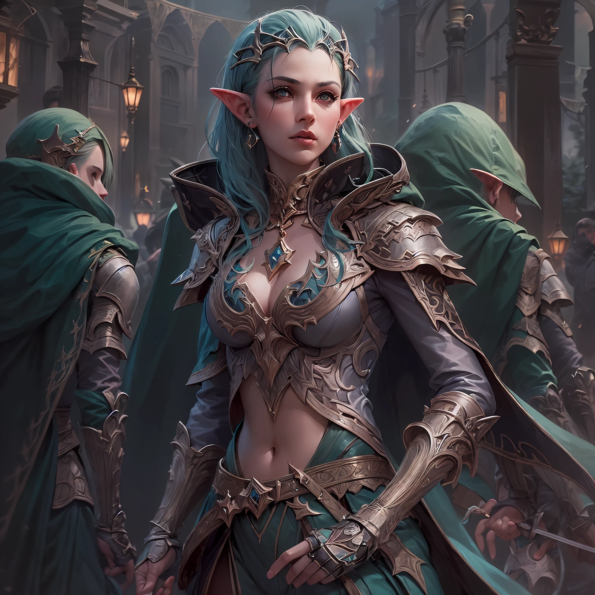 a picture of a female elf (intense details, Masterpiece, best quality: 1.5) fantasy swashbuckler, fantasy fencer, armed with a slim sword, shinning sword, metallic shine, colorful clothes, an ultra wide shot, full body (intense details, Masterpiece, best quality: 1.5)epic beautiful female elf (intense details, Masterpiece, best quality: 1.5), rich hair, braided hair, small pointed ears, fantasy urban street (intense details, Masterpiece, best quality: 1.5),  purple cloak  (intense details, Masterpiece, best quality: 1.5), long cloak (intense details, Masterpiece, best quality: 1.5), elven leather armor  (intense details, Masterpiece, best quality: 1.5) sense of daring, sense of adventure,  high details, best quality, 8k, [ultra detailed], masterpiece, best quality, (extremely detailed), dynamic angle, ultra wide shot, photorealistic, RAW, fantasy art, dnd art,fantasy art, realistic art,