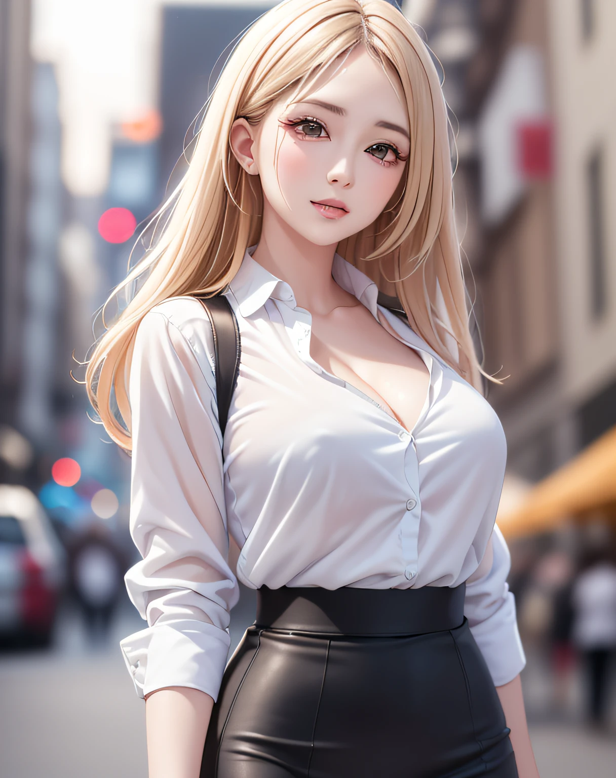 (event companion:1.5, midtown street background:1.5, standing on turn-table:1.5), photo realistic, anime style, (8k, RAW photo, best quality, masterpiece:1.2), High detail RAW color photo, professional photograph, cowboy shot, (realistic, photo realistic:1.37),cinematic light, (finery detailed face:1.2), cowboy shot, thigh 1 girl in bath, 28-38 years old, very cute, very beautiful, photo realistic, event companion, BREAK, white oily skin, real human skin, (detailed face), oval face, pores, round eyes:1.0, ultra high res, BREAK, slim, (medium-large-breast:1.37, cleavage:1.17), (looking straight at viewer with a serene and goddess-like happiness:1.2), (lifter gloss, eyelashes, gloss-face, best quality, ultra highres, Broad lighting, natural shading), (beautiful thin blonde hair), BREAK, (event companion uniform:1.3, white collared shirt;1.3, black high-waist pencil-long-skirt:1.3), BREAK, ((show case:1.5, standing in the street1.5)), ((from below:1.3, show girl posing1.5)), blurry background, bokeh, depth of field, cowboy shot:1.3, centered image,