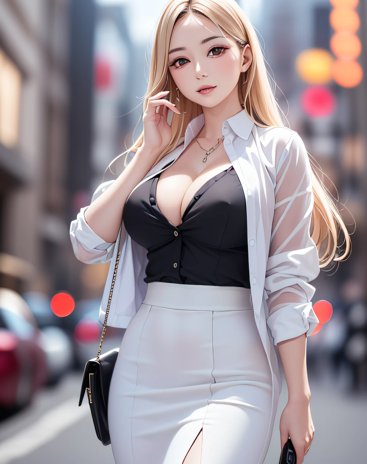 (event companion:1.5, midtown street background:1.5, standing on turn-table:1.5), photo realistic, anime style, (8k, RAW photo, best quality, masterpiece:1.2), High detail RAW color photo, professional photograph, cowboy shot, (realistic, photo realistic:1.37),cinematic light, (finery detailed face:1.2), cowboy shot, thigh 1 girl in bath, 28-38 years old, very cute, very beautiful, photo realistic, event companion, BREAK, white oily skin, real human skin, (detailed face), oval face, pores, round eyes:1.0, ultra high res, BREAK, slim, (medium-large-breast:1.37, cleavage:1.17), (looking straight at viewer with a serene and goddess-like happiness:1.2), (lifter gloss, eyelashes, gloss-face, best quality, ultra highres, Broad lighting, natural shading), (beautiful thin blonde hair), BREAK, (event companion uniform:1.3, white collared shirt;1.3, black high-waist pencil-long-skirt:1.3), BREAK, ((show case:1.5, standing in the street1.5)), ((from below:1.3, show girl posing1.5)), blurry background, bokeh, depth of field, cowboy shot:1.3, centered image,