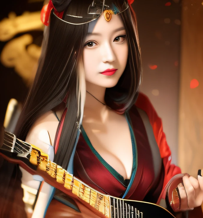 Japan woman with guitar and sword in hand,