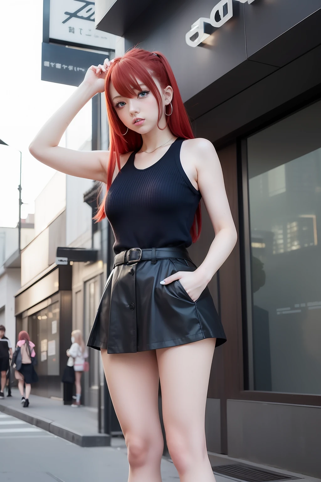 Anime girl with red hair and blue eyes in the city, urban girl fanart, anime style character, Female protagonist 👀 :8, In anime style, inspired by Rei Kamoi, In an anime style, Gainax anime style, very modern anime style, an edgy teen assassin, 2 d anime style, Modern anime style, in the art style of 8 0 s anime