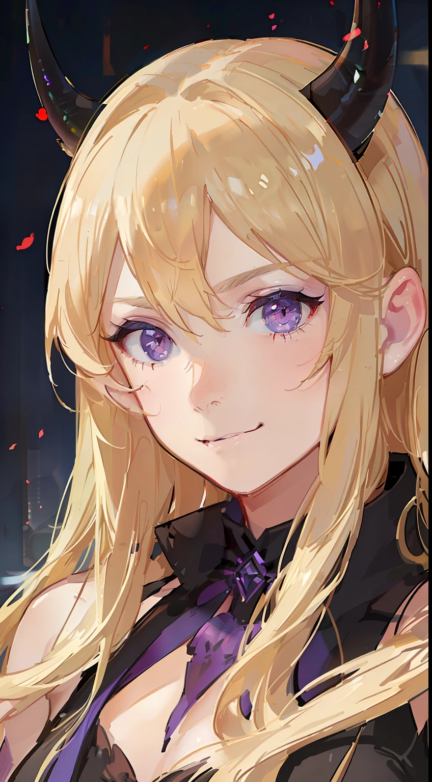 young boy, very long blonde hair, horns demon, violet eyes, slave demons, open shoulders, smirk, Masterpiece, hiquality
