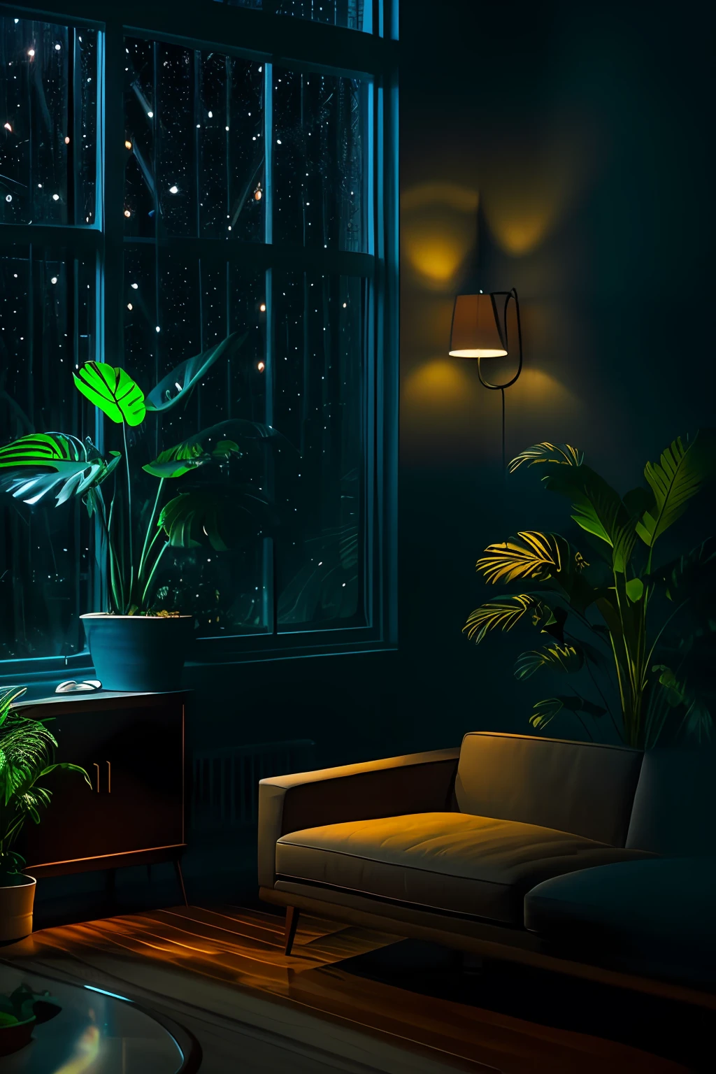 dimly lit mid-century modern living room with dark and rainy night outside, (rainy and foggy night: 1.2), Pacific Northwest, (dim lighting: 1.4), (dim lighting: 1.2), plants, large plants, rainy, monstera, many plants, (foggy windows:1.2), masterpiece, better quality, twilight hour, (night:1.4), Rainy afternoon, after sunset,