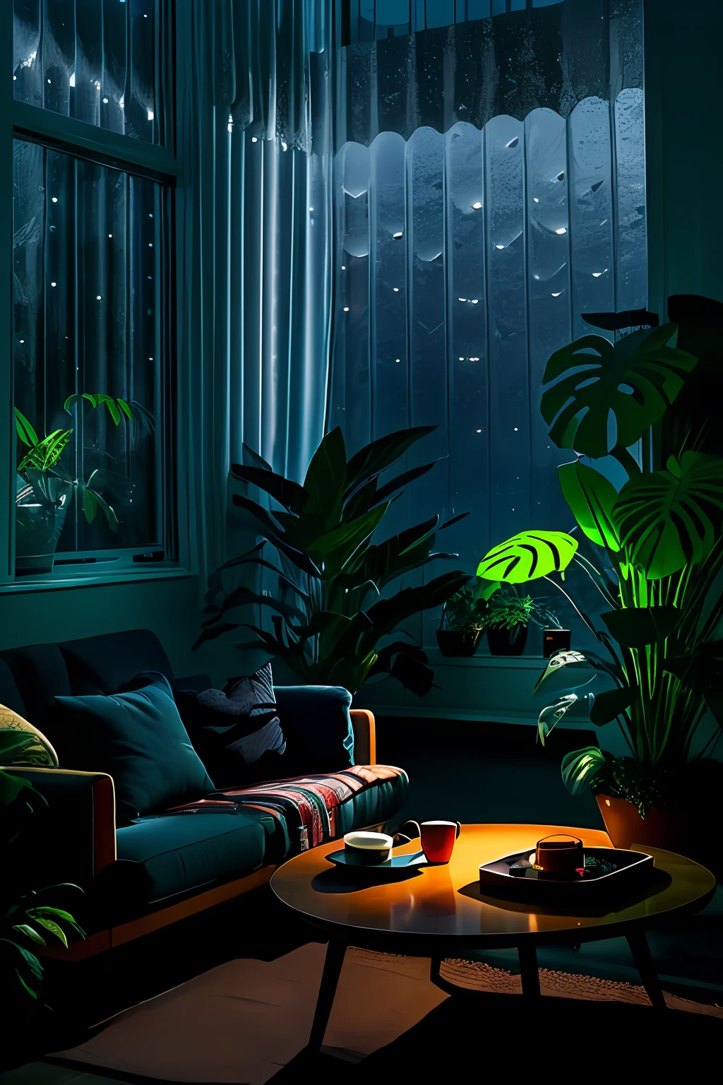 dimly lit mid-century modern living room with dark and rainy night outside, (rainy and foggy night: 1.2), Pacific Northwest, (dim lighting: 1.4), (dim lighting: 1.2), plants, large plants, rainy, monstera, many plants, (foggy windows:1.2), masterpiece, better quality, twilight hour, (night:1.4), Rainy afternoon, after sunset,