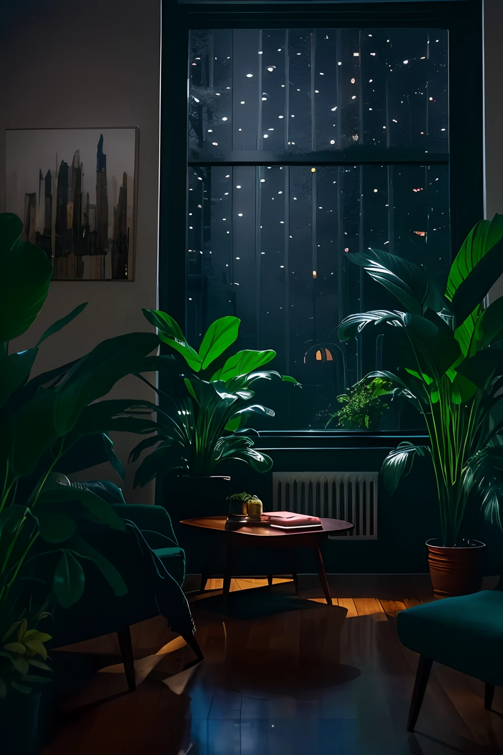 dimly lit mid-century modern living room with dark and rainy night outside, (rainy and foggy night: 1.2), Pacific Northwest, (dim lighting: 1.4), (dim lighting: 1.2), plants, large plants, rainy, monstera, many plants, (foggy windows:1.2), masterpiece, better quality, twilight hour, (night:1.4), Rainy afternoon, after sunset,