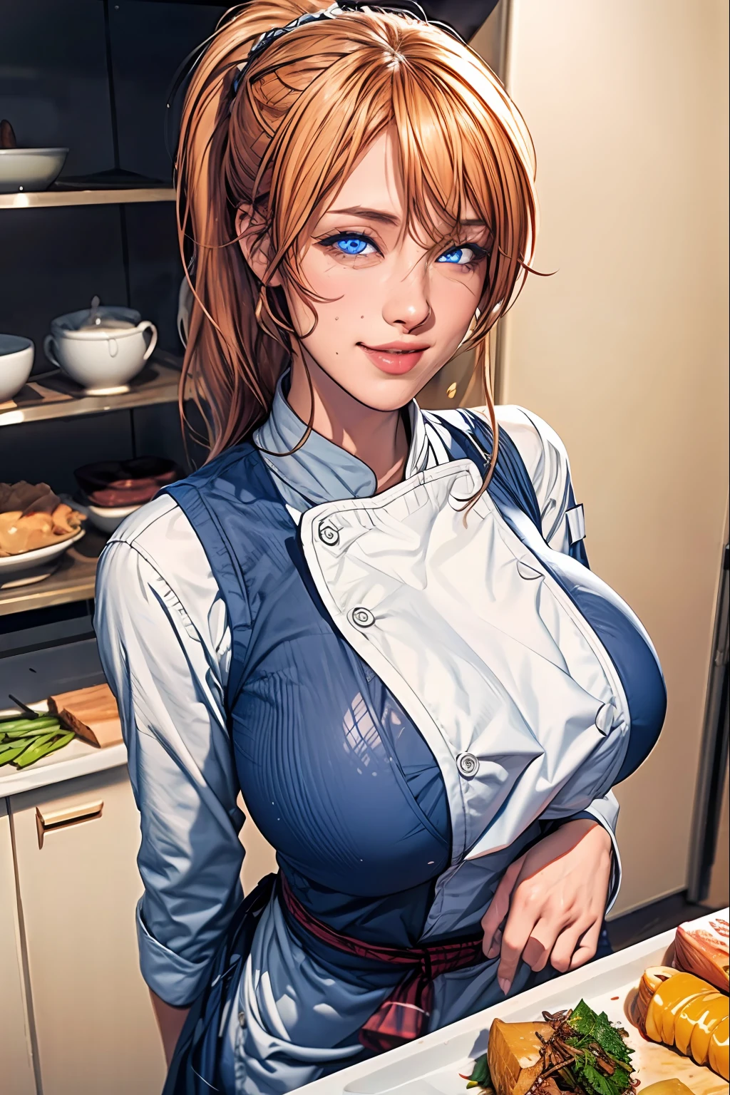 (masterpiece), best quality, expressive eyes, perfect face, high detailed, ultra high res, photon mapping, physically-based rendering, intricate detailed, sharp focus, dramatic, photorealistic, erina,(chef:1.4),school uniform,vest, long sleeves, long hair,ponytail, orange hair, (gigantic breasts:1.3), seductive smile, outdoors, (blue eyes:1.5), earing, blush, heart, scenery