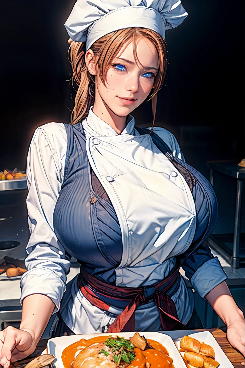 (masterpiece), best quality, expressive eyes, perfect face, high detailed, ultra high res, photon mapping, physically-based rendering, intricate detailed, sharp focus, dramatic, photorealistic, erina,(chef:1.4),school uniform,vest, long sleeves, long hair,ponytail, orange hair, (gigantic breasts:1.3), seductive smile, outdoors, (blue eyes:1.5), earing, blush, heart, scenery