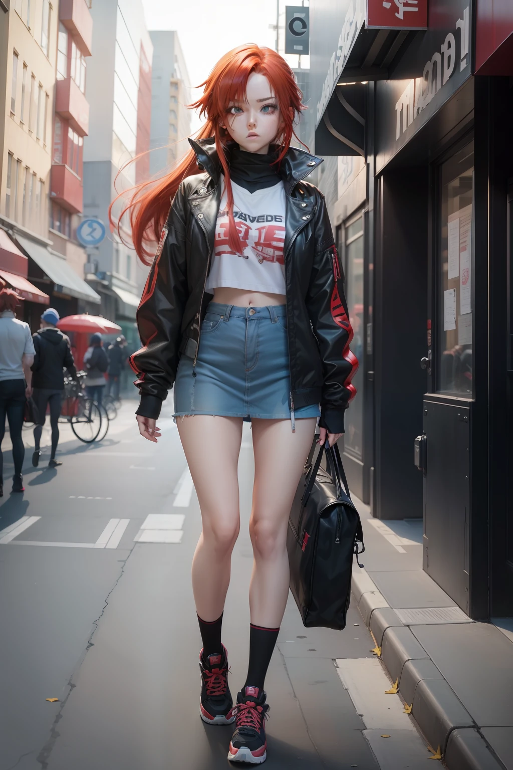 Anime girl with red hair and blue eyes in the city, urban girl fanart, anime style character, Female protagonist 👀 :8, In anime style, inspired by Rei Kamoi, In an anime style, Gainax anime style, very modern anime style, an edgy teen assassin, 2 d anime style, Modern anime style, in the art style of 8 0 s anime