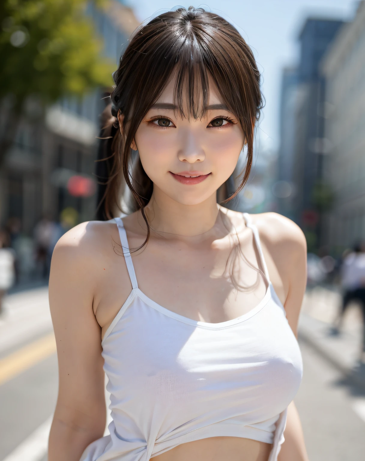 Woman posing on street corner wearing tight-fitting white camisole、beste-Quality、Girl 1ten mens、a large breast、tag、Brighter、Blur background、bokeh dof、plein-air、(Street:0.8)、(The human々、crowd:1)、((Whole human body:1.3))、White color clothes、underpants、a gorgeous(short-hair、Forehead:1.2)、Sareme、Beautiful sky with details、耳Nipple Ring、 (Upper body body:0.8)、Soft lighting、the wind、glowy skin、a smile、White sandals、I put one hand behind my back、