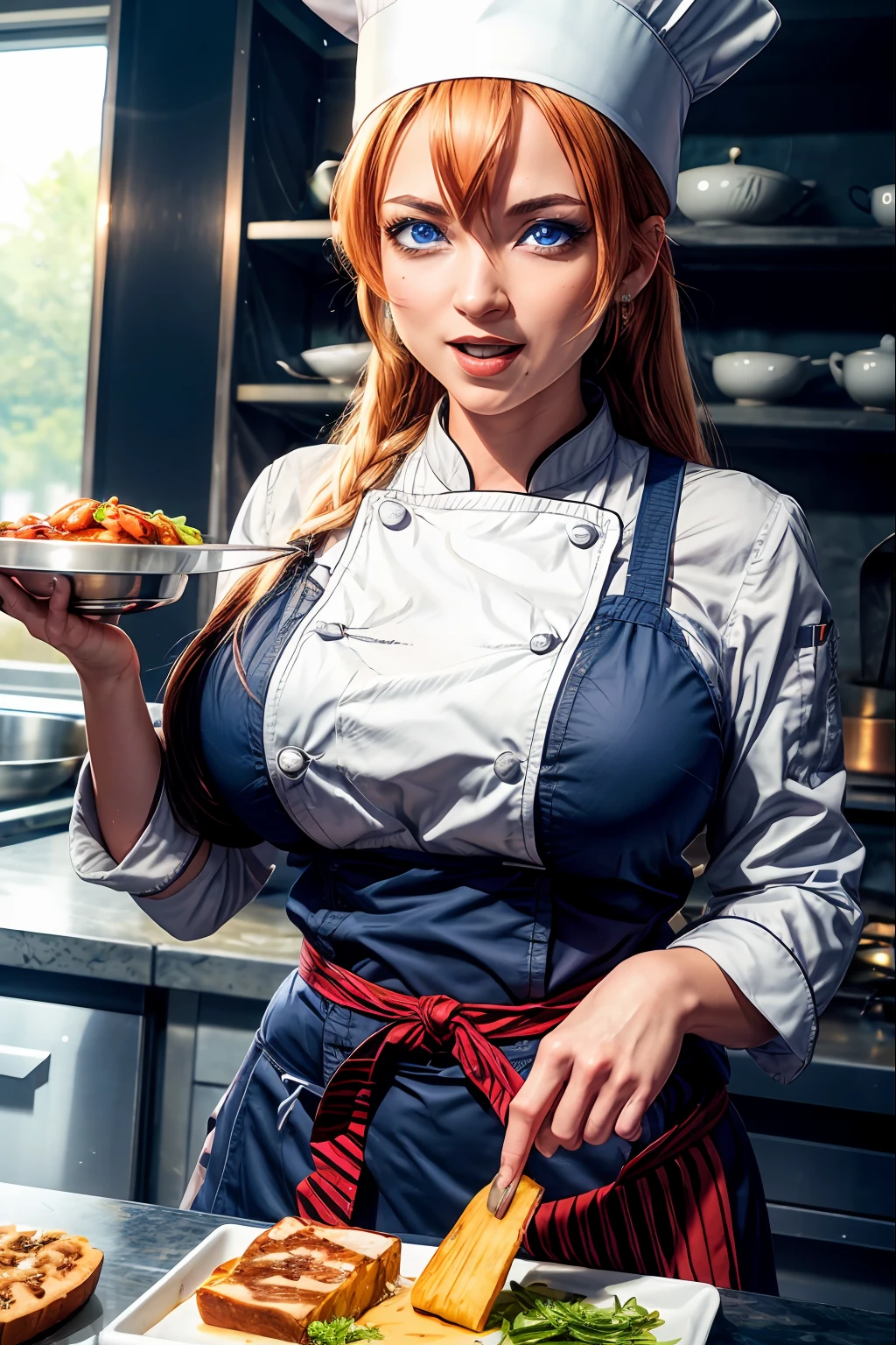 (masterpiece), best quality, expressive eyes, perfect face, high detailed, ultra high res, photon mapping, physically-based rendering, intricate detailed, sharp focus, dramatic, photorealistic, erina,(chef:1.4),school uniform,vest, long sleeves, long hair,ponytail, orange hair, (gigantic breasts:1.3), seductive smile, outdoors, (blue eyes:1.5), earing, blush, heart, scenery