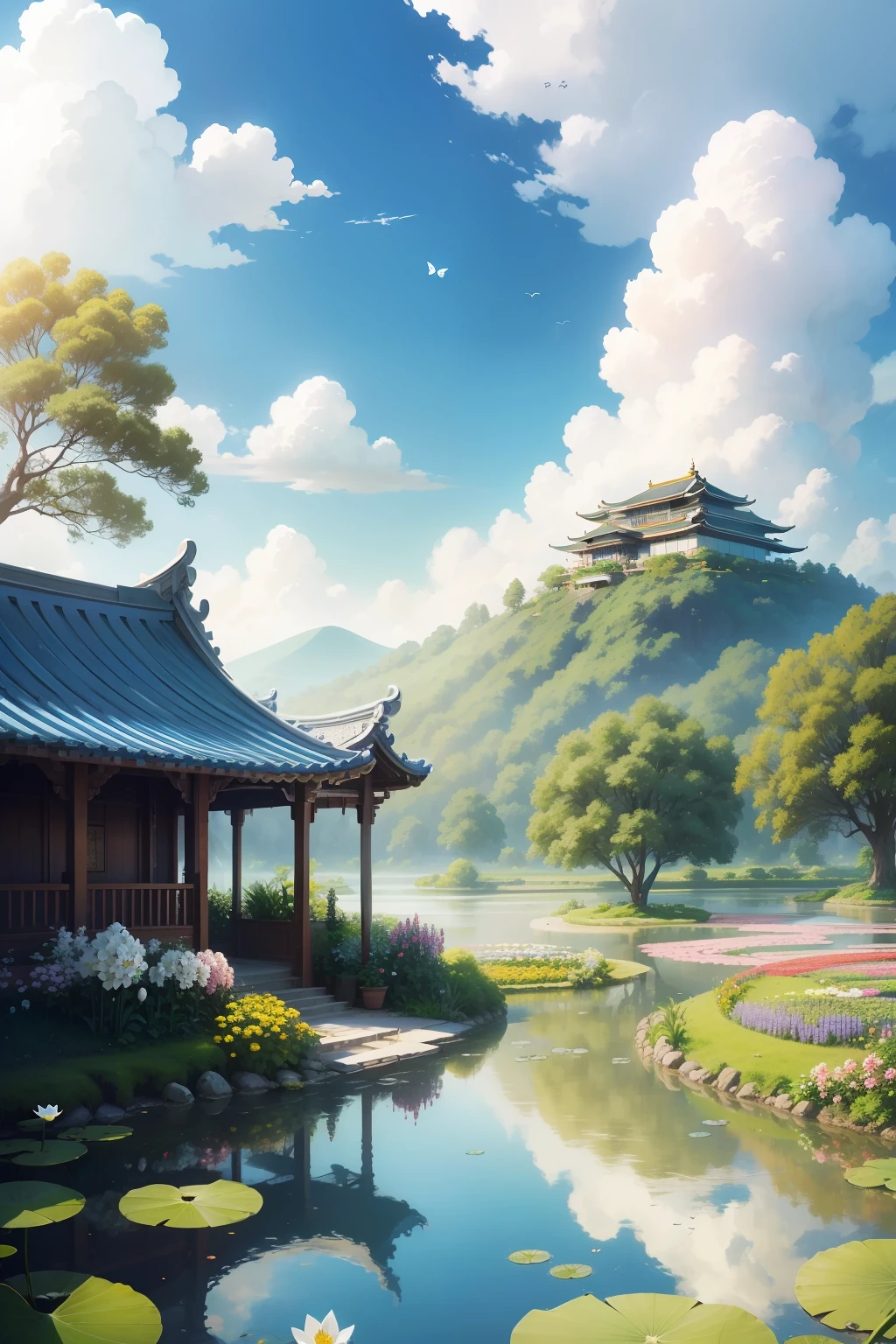 with a realistic、Be authentic、beautifly、amazing landscape、with blue sky and white clouds、flower、Chii、the woods 、mont、The lotus flowers,garden,vila,city,region,golden palace