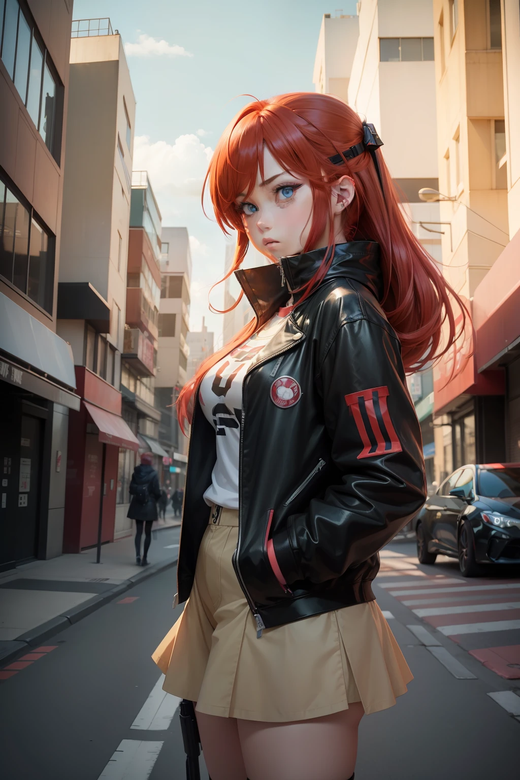 Anime girl with red hair and blue eyes in the city, urban girl fanart, anime style character, Female protagonist 👀 :8, In anime style, inspired by Rei Kamoi, In an anime style, Gainax anime style, very modern anime style, an edgy teen assassin, 2 d anime style, Modern anime style, in the art style of 8 0 s anime