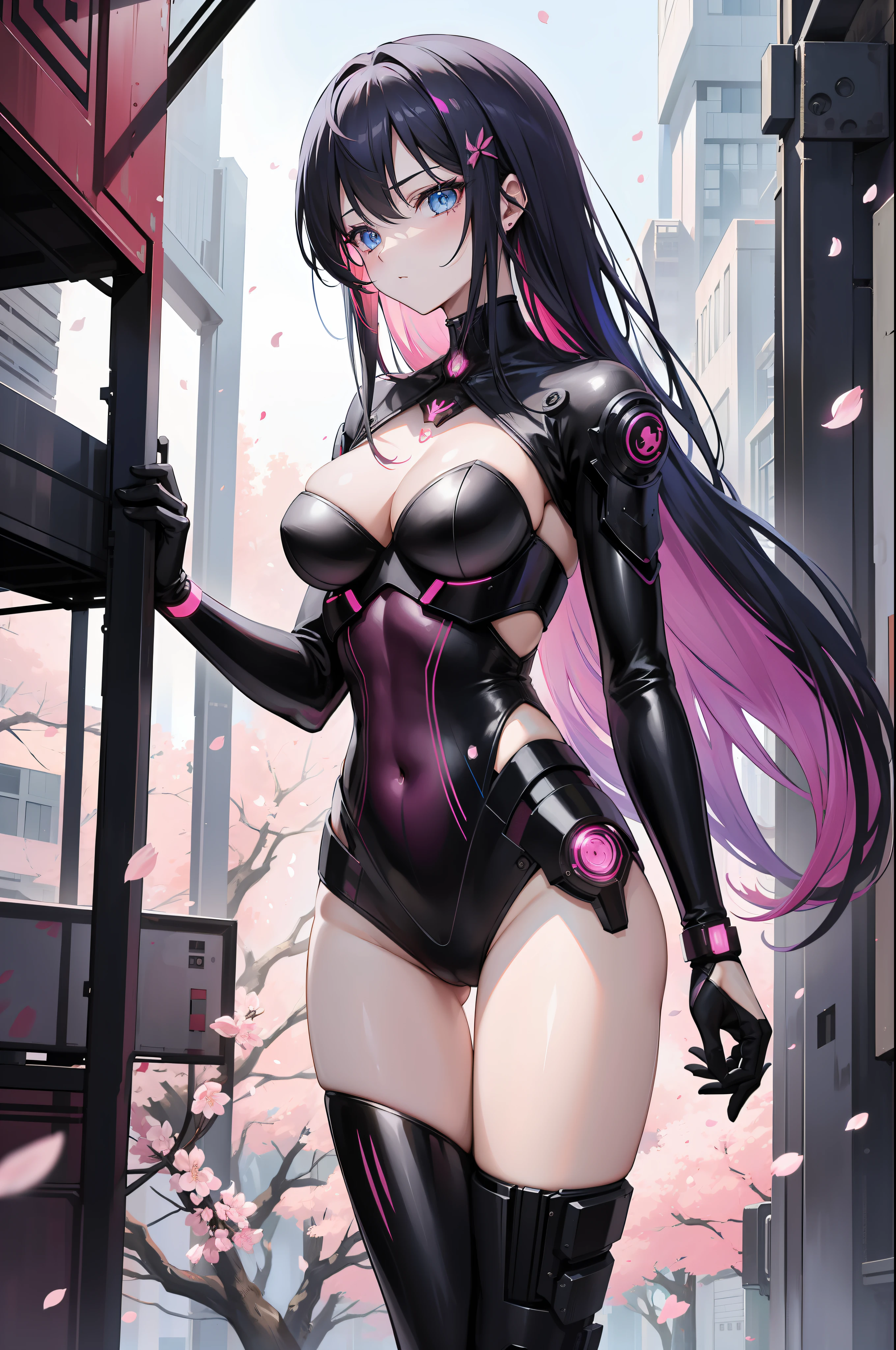 ((Cyberpunk style female torso)), ((artistic)), ((Cherry blossom petals on the background)), ((Highly revealing outfits)), Colorful long hair, Blue eyes、Glitter, nffsw, retinas, masutepiece, acurate, ultra-detailliert, high detailing, High quality, awardwinning, Highest Quality, High Definition, 1080p, hard disk, 4K, 8K, 16 K