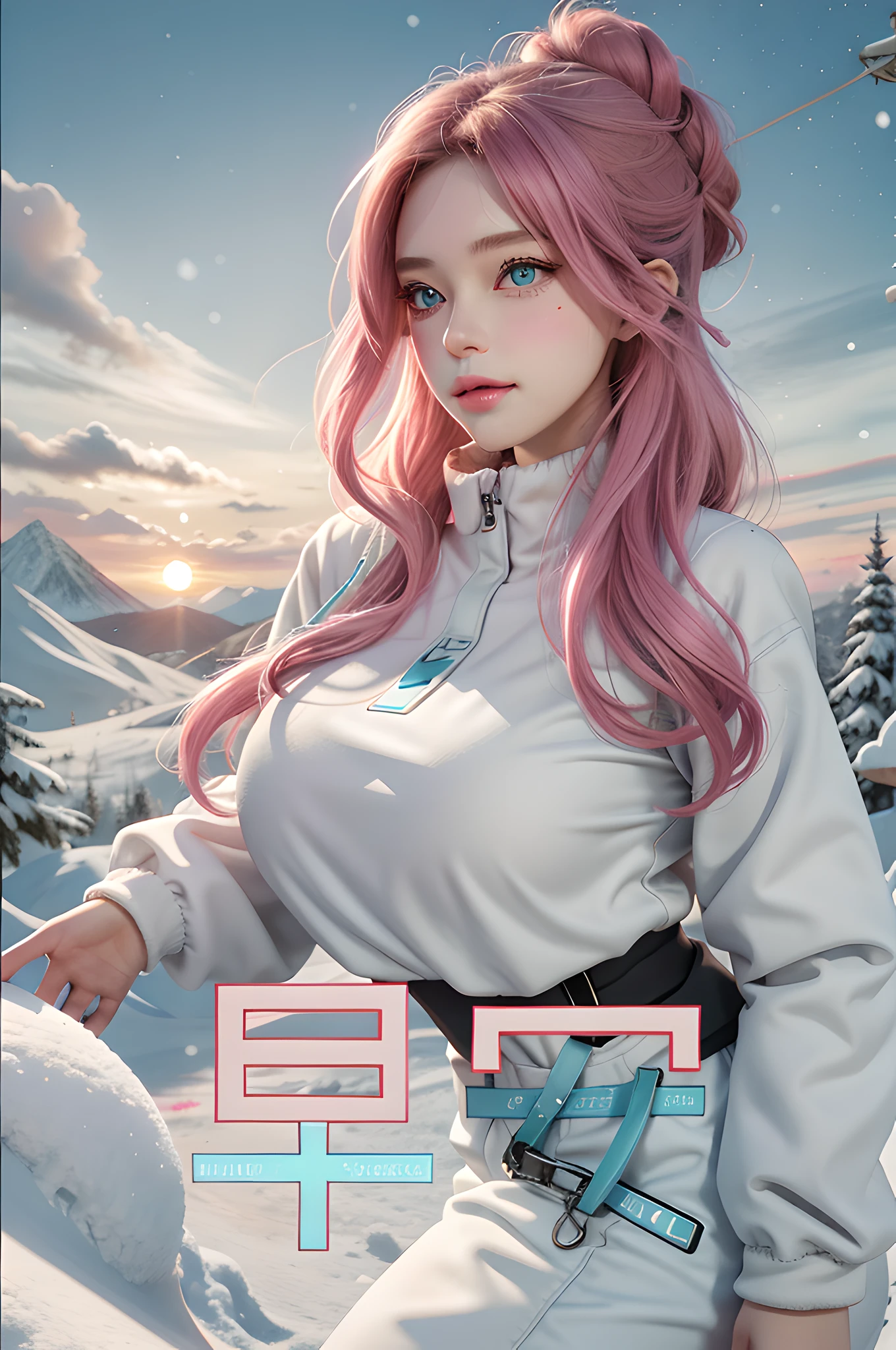 big ,being thin,(frontage:1.0)(back|Snow butto(glute:0.1)(Starbucks ee cups:0.4)(Clothes with Nike trademark:1.6)(SONY DSLR came.5)The photo has a white border(black panther,lion:0.5)Snowsuit,Down,Loosep,snow landscape,Fir,snow mountains、Snowboarding,Snow poles,Snow goggles、Heavy boots、shorts、(Bunny butt:0.4),blush、(Sports ,Beanie:0.4)Sunset,(Aqua blue eyes)(cofull eyes),Long eyelashes,(Cute marks on the face:0.5)(ssmile:0.5)(Blush:0.7 ),(Sho.8),(Black and brown hair:0.5)(White and pink hair:0.6),(Striped hair:0.5),(High ponytail:0.3),Shiny hair(Double bun:0.1,Moon hairpins、Lace、Frills(Head tilt:0.7)(Chest photo: 0.5), ((Delicate facial features、detail)、Bright pink lips、ssmile、blush、A slightly pointed sunset: 0.5 ))、absurd、excessively、masterpiece、faeries、(The clothes are smooth and white and transparent)、Old brick floor、Old bell tower、Timber construction
