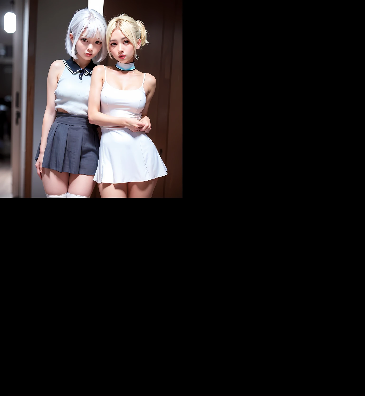 Girly small breasts blue skirt crop top Hands behind white hair White skin Two-dimensional