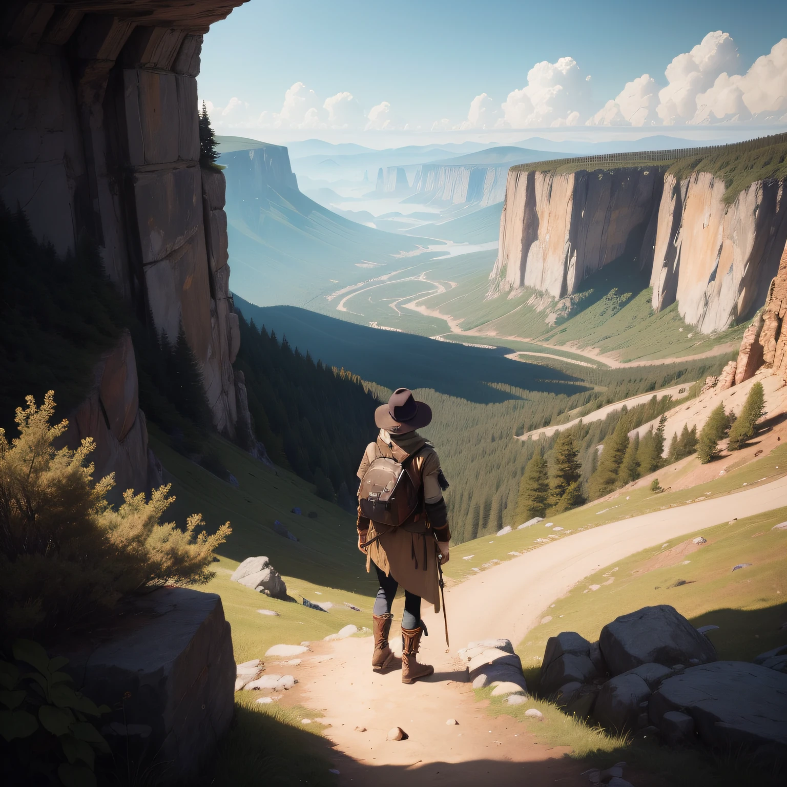 Craft a dynamic 1:1 image: a lone explorer triumphantly stands on a rugged cliff, surveying a sprawling, untamed wilderness. Their weathered leather attire tells a story of their journey, each crease and scrape adding depth. The landscape is alive with rolling hills, dense forests, and distant peaks. Use light and shadow to amplify textures. Hint at mystery, a hidden treasure, perhaps? An image resonating with the daring spirit of adventure, inviting viewers to embark on their own quest.