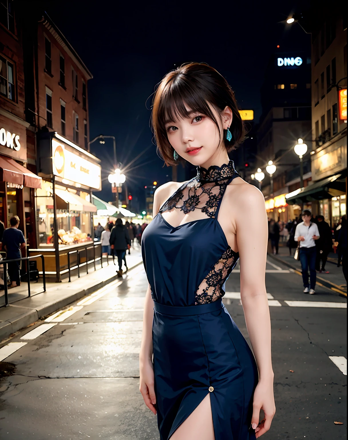 Woman posing on street corner in dark blue dress、best qulaity、girl 1 person、Large breast、jour、well lit、Blur background、vokeh、out door、(street:0.8)、(ten mens々、crowd:1)、(Trimmed with lace)The dress:1.5、sleeveless dress、Dark blue clothing、Dark blue high neck dress:1.2、Blue Dress:1.5)、Luxury(Very Shorthair、forehead:1.2)、Beautiful sky with details、ear ring、(dinamic pose:1.2)、 (full - body:0.8)、Soft lighting、Vents、glowy skin、Sorrisos、Dark blue pumps