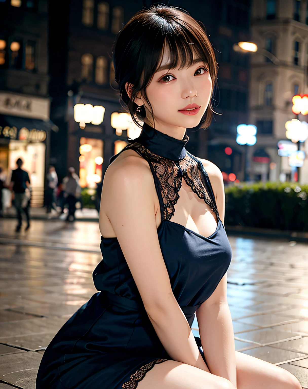 Woman posing on street corner in dark blue dress、best qulaity、girl 1 person、Large breast、jour、well lit、Blur background、vokeh、out door、(street:0.8)、(ten mens々、crowd:1)、(Trimmed with lace)The dress:1.5、sleeveless dress、Dark blue clothing、Dark blue high neck dress:1.2、Blue Dress:1.5)、Luxury(Very Shorthair、forehead:1.2)、Beautiful sky with details、ear ring、(dinamic pose:1.2)、 (full - body:0.8)、Soft lighting、Vents、glowy skin、Sorrisos、Dark blue pumps