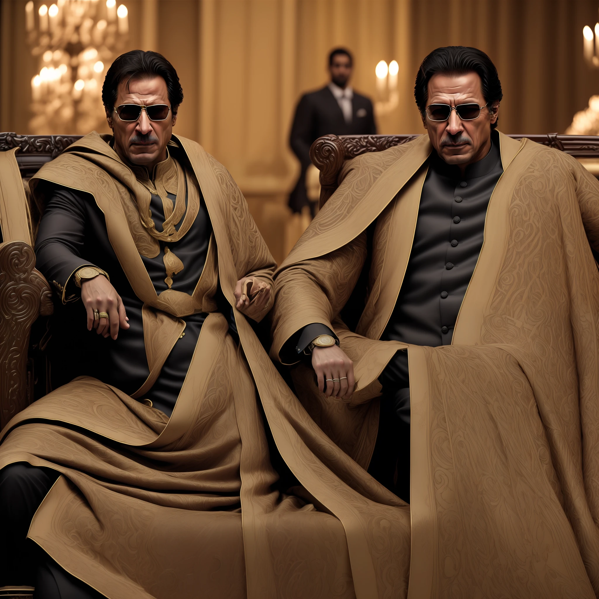 As per your request, here is an optimized Prompt for Stable Diffusion:
"Imran Khan, ex-prime minister of Pakistan, portrayed as a dangerous villain with a menacing expression and wearing black sunglasses. He sits confidently on a large, luxurious sofa chair like a boss, surrounded by bodyguards in crisp black suits."
Please note that the provided Prompt is for generating an image. Generate Realistic Detailed original AI picture of Imtan khan . Realistic pic