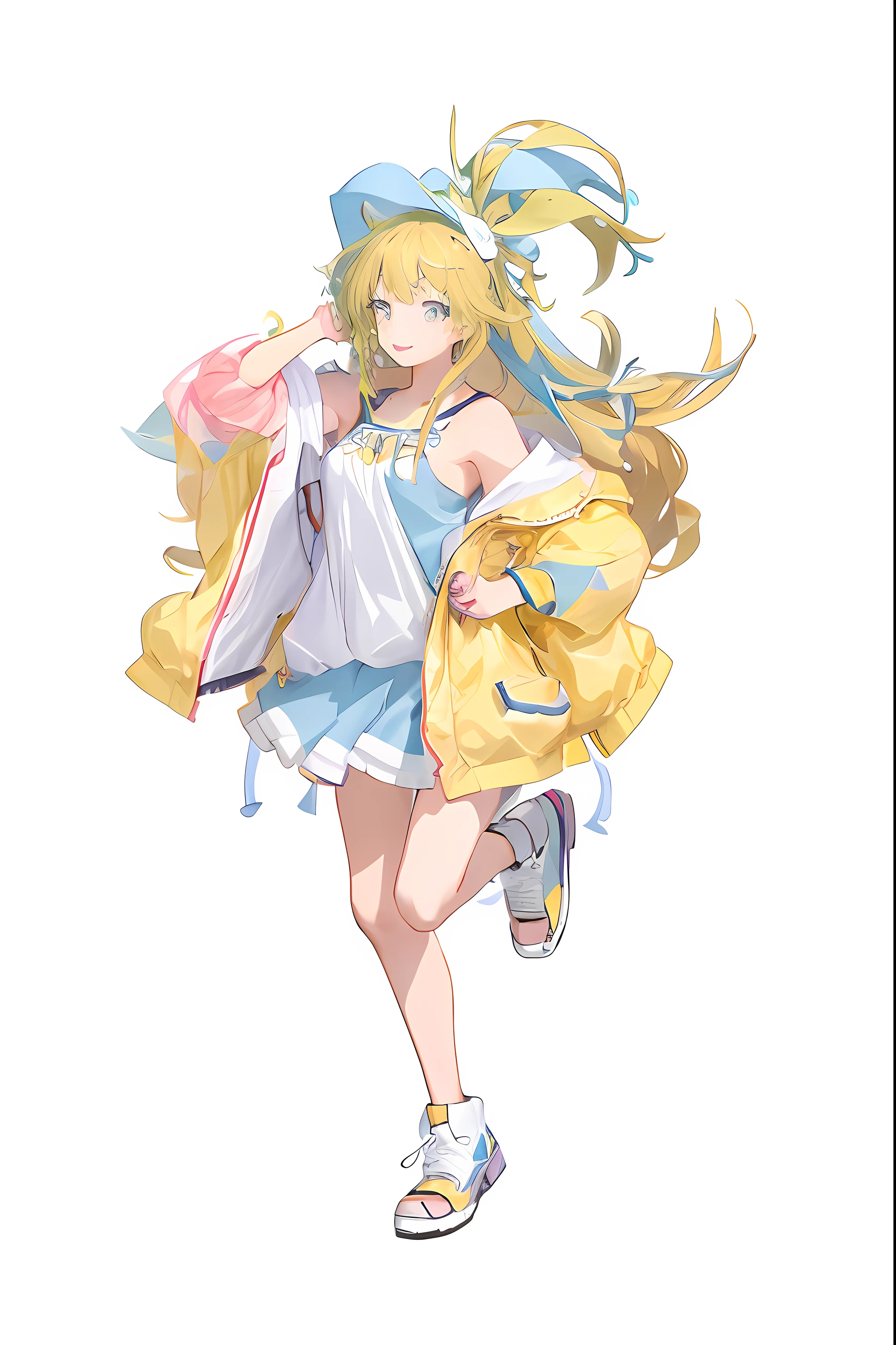 A cute beautiful girl,style of anime,Yellow and blue color scheme