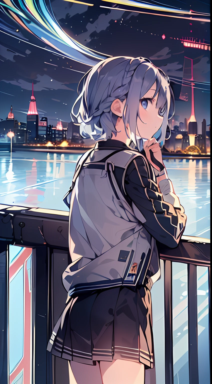 masutepiece, Best Quality,Illustration, Wallpaper, Ultra Detail, absurderes, 1loli, Solo, (Medium short hair、short braided hair), Beautiful detailed eyes , (Street), luminous sky,(a panoramic view:1.3),(Sense of depth:1.5)