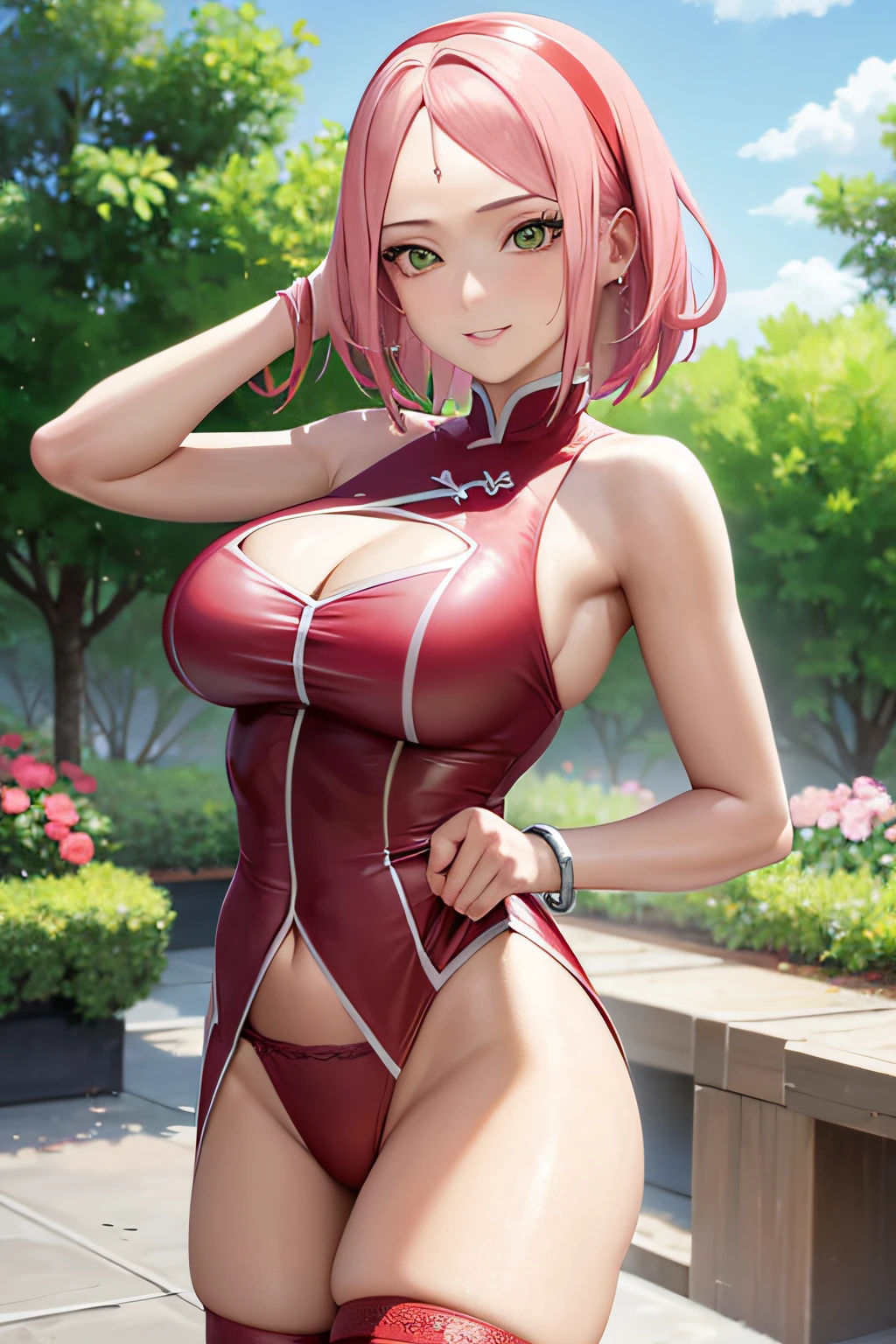 realisticlying, realisticlying,cowboy lens,tmasterpiece,hoang lap,1girll,Sakura Haruno,forehead mark,red hairband,Red cheongsam,white stockings,nabel,groin,bangle,looking at viewert,ssmile,SakuraNS,Private garden,ventania,Floating hair,big cleavage breasts,((Wide buttock))),tonedbody,Detailed eyes,squatt