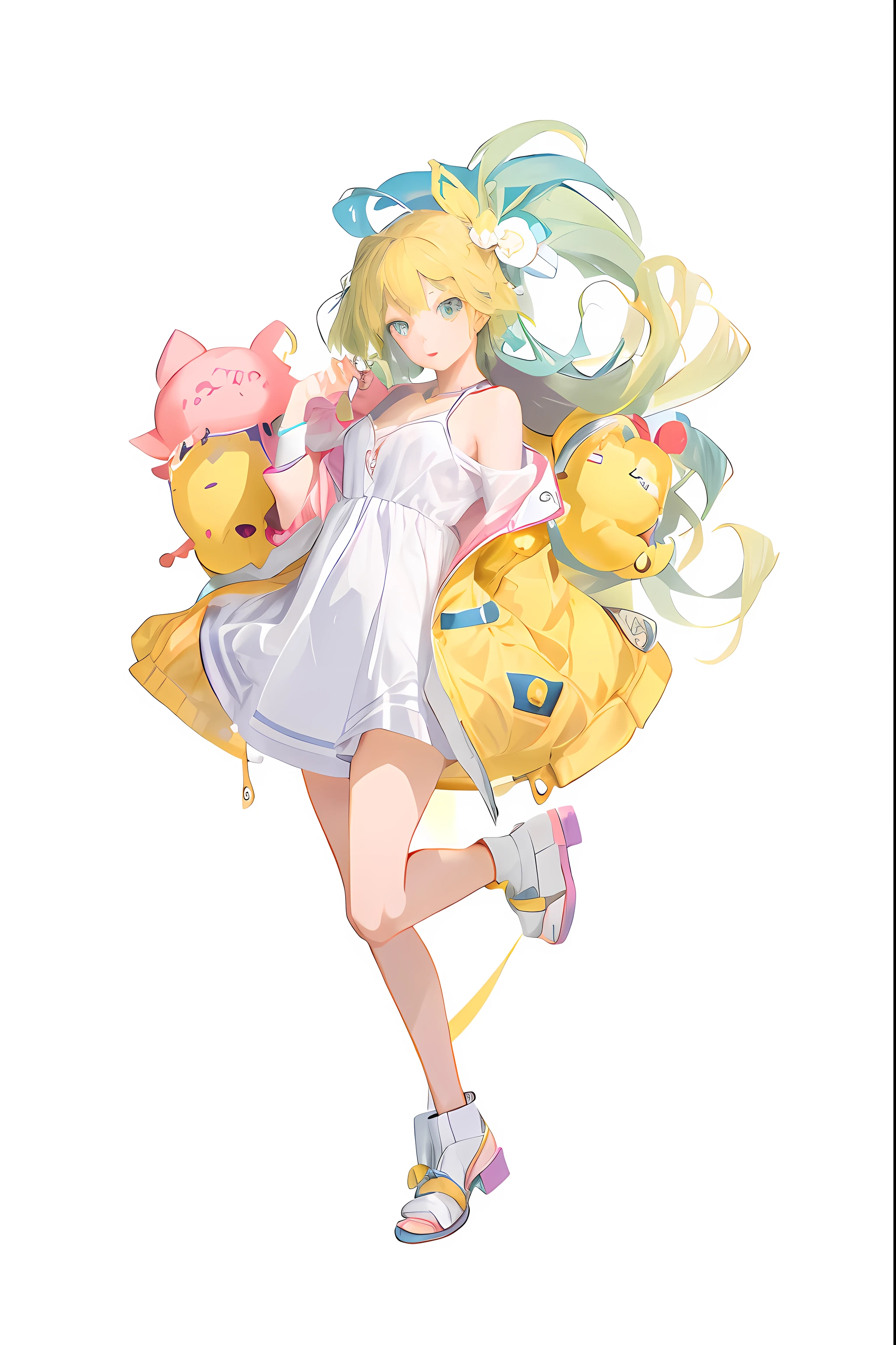 A cute beautiful girl，style of anime，Yellow and blue color scheme