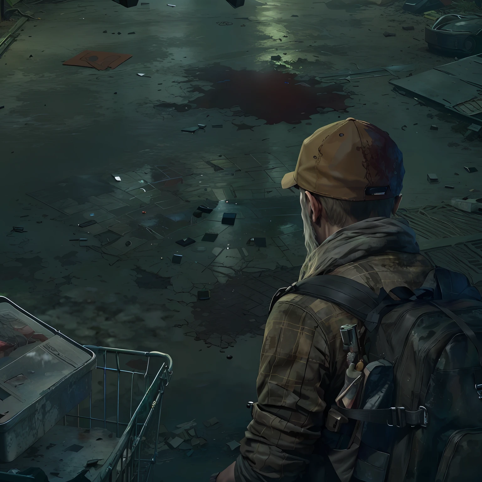 Arafeld man looking at a shopping cart in a dirty supermarket,Carrying a rucksack, the last of us zombie, eerie nostalgic concept art, Desolate with zombies, Highly detailed horror dystopia, zombie in horror concept art, Show on the《last of us》curly, 2020 video game screenshot, video game screenshot>, lusciousness ) Show on the《last of us》curly