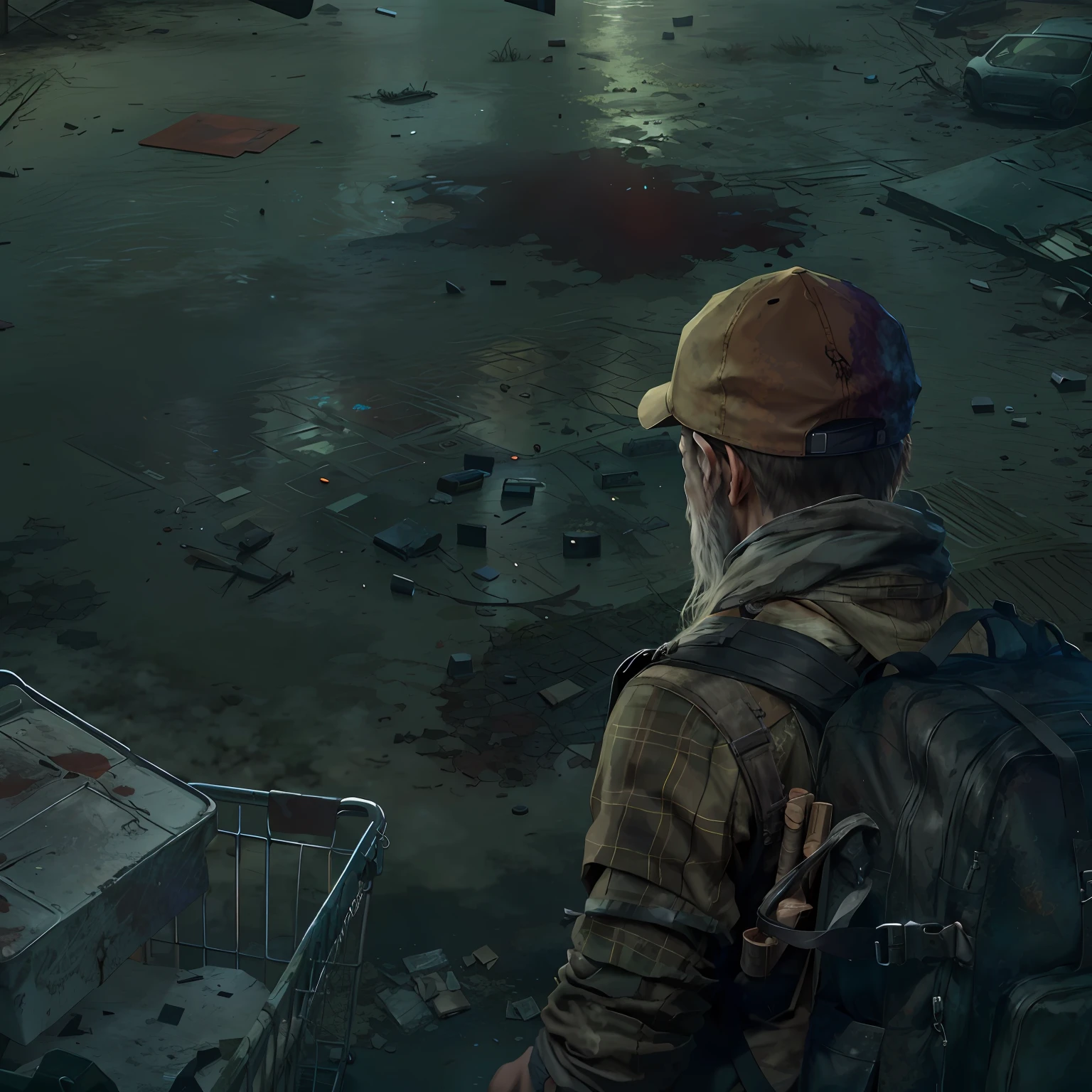Arafeld man looking at a shopping cart in a dirty supermarket,Carrying a rucksack, the last of us zombie, eerie nostalgic concept art, Desolate with zombies, Highly detailed horror dystopia, zombie in horror concept art, Show on the《last of us》curly, 2020 video game screenshot, video game screenshot>, lusciousness ) Show on the《last of us》curly
