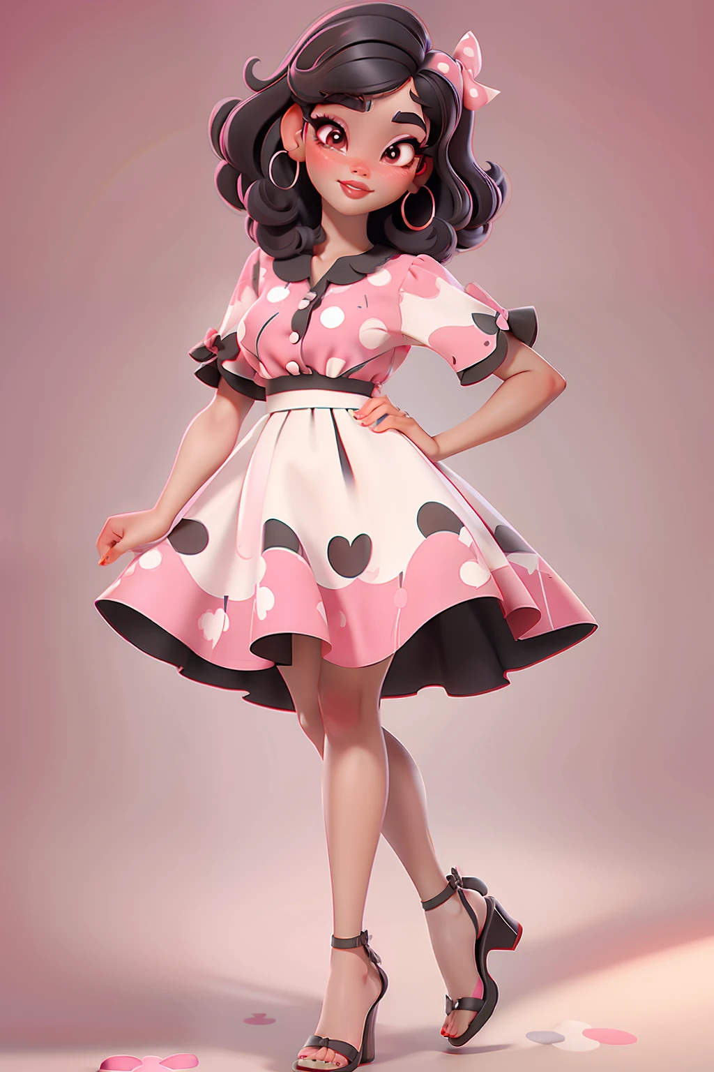 dark black woman, with black power medium hair, with brown eyes and black pupils, with pink blush, with red lipstick, wearing white dress with red polka dots print, wearing white sandals, high quality, high definition, disney style, pixar style