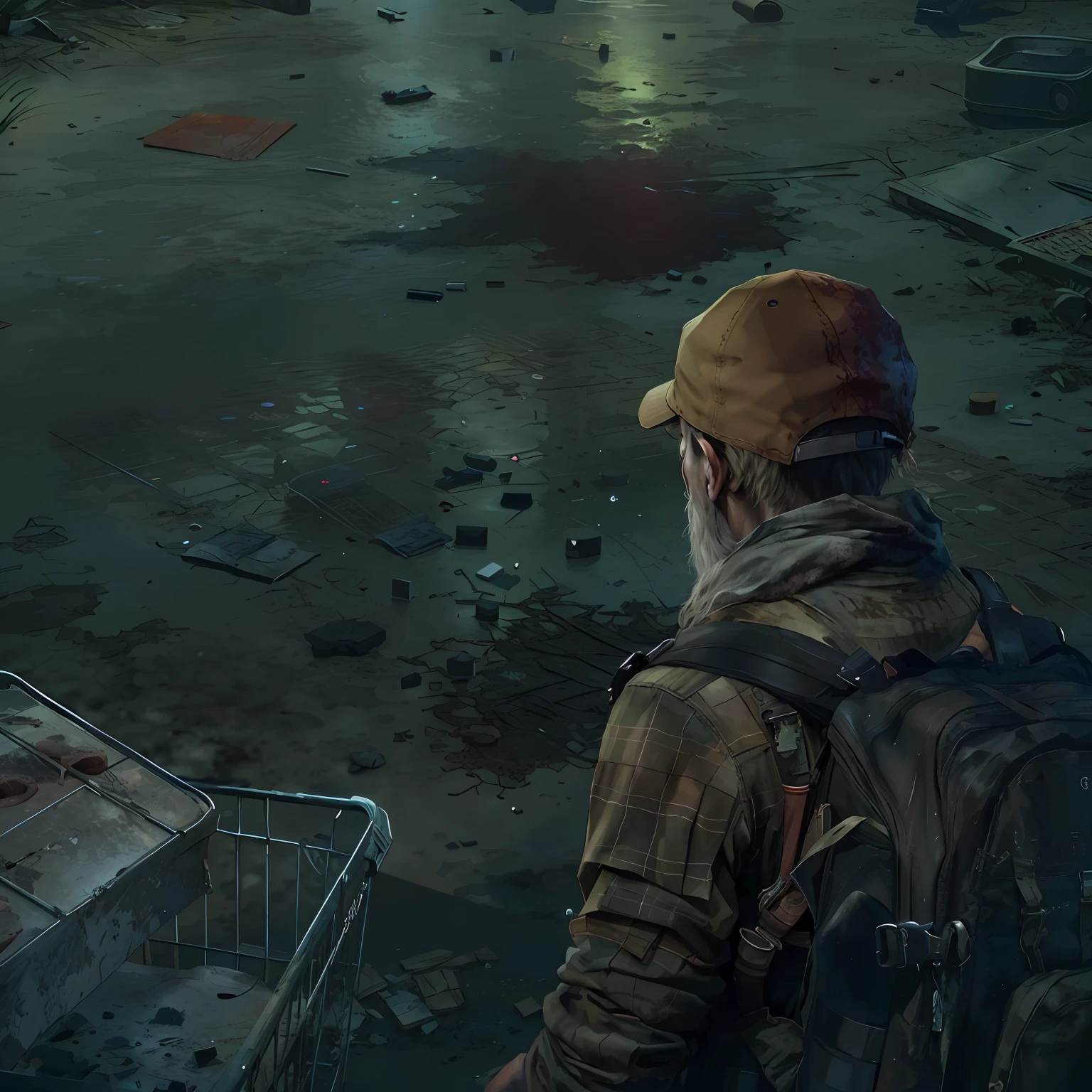 Arafeld man looking at a shopping cart in a dirty supermarket,Carrying a rucksack, the last of us zombie, eerie nostalgic concept art, Desolate with zombies, Highly detailed horror dystopia, zombie in horror concept art, Show on the《last of us》curly, 2020 video game screenshot, video game screenshot>, lusciousness ) Show on the《last of us》curly