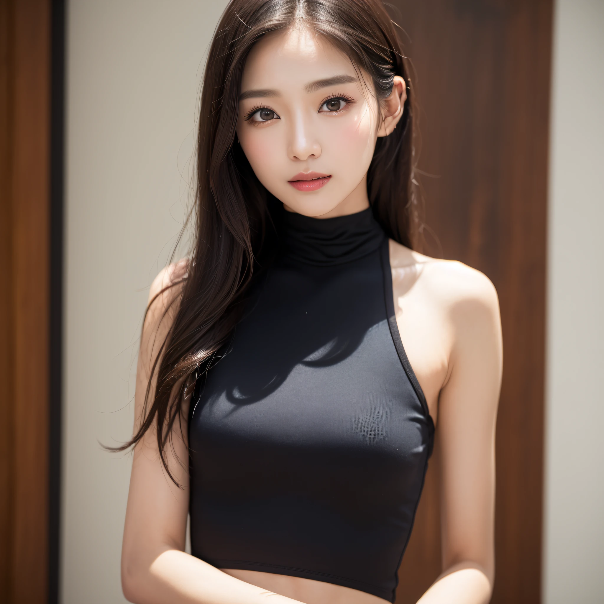 ((best qualtiy、8k masterpieces:1.3))、foco nítido:1.2、(ultra beautiful faces:1.0)、(shinny skin:1.0)、photos realistic、A dark-haired、Video Lighting、High-definition eyes and face、Video Lighting、(Korean Cute Actress)、from the front side、medium breasts、ssmile、Sleeveless、Slender Abs Beauty、Whole body、swim wears