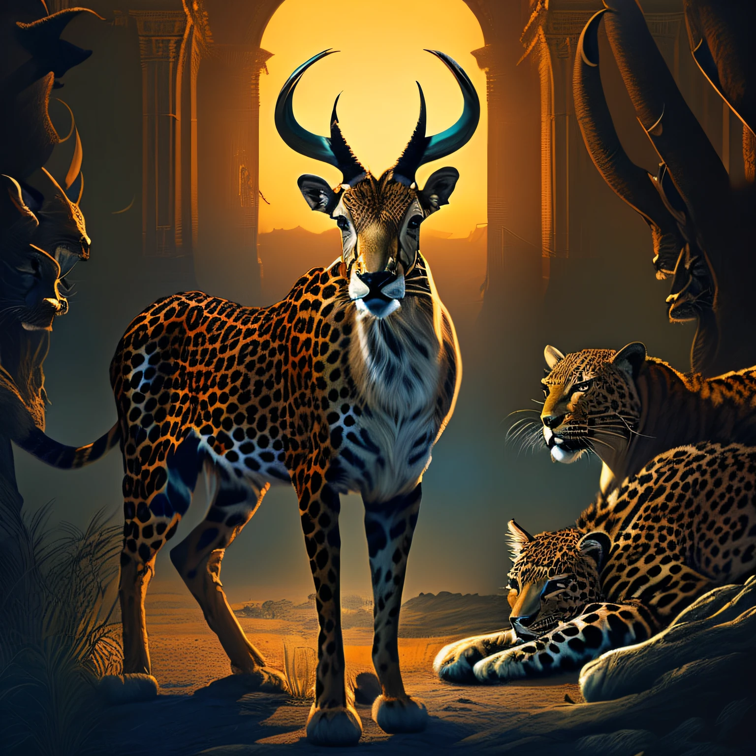 (masterpiece, best quality, beautiful digital art:1.5), antelope:1.5 and leopard, print by angus mcbride and michael whelan, (broad strokes:1.4), dramatic lighting, highly detailed, intricate, wallpaper, 8k