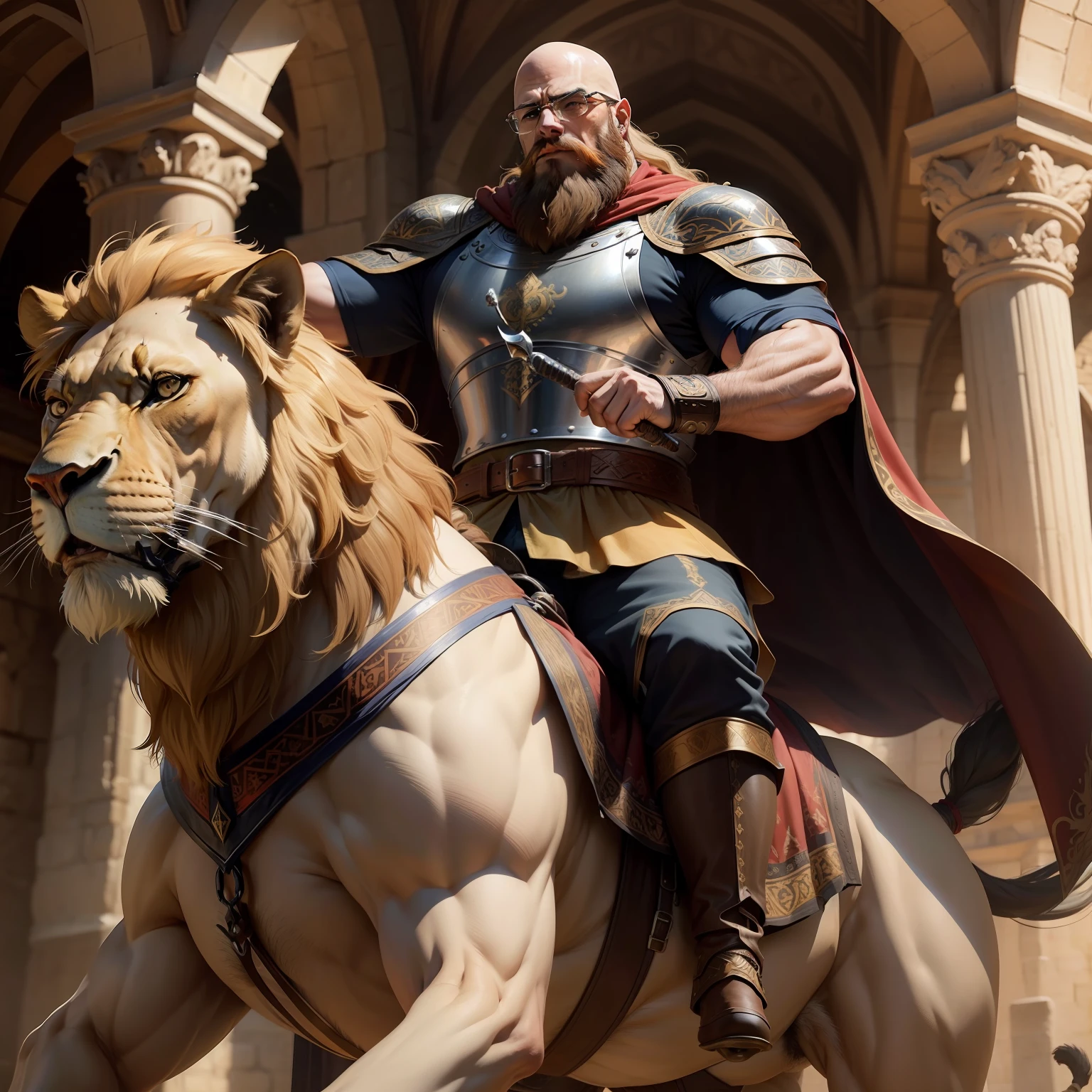 A muscular bald beard medieval islamic warrior riding lion