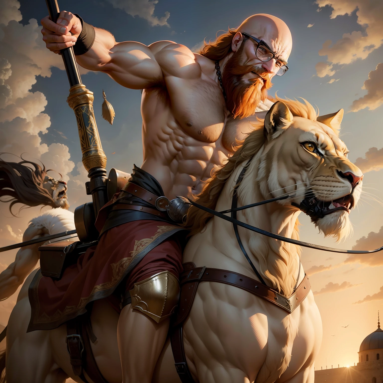 A muscular bald beard medieval islamic warrior riding lion