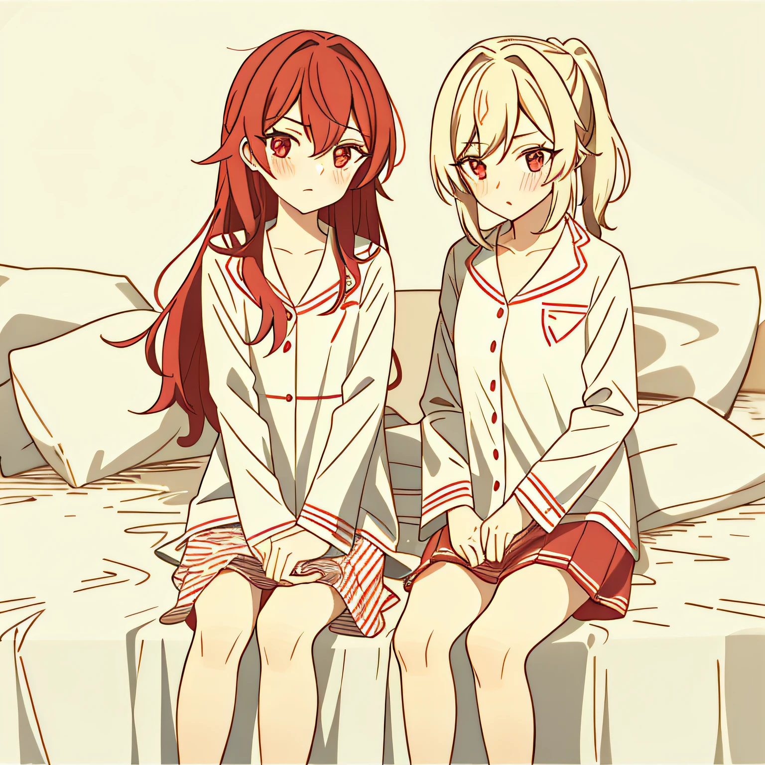 2 girls, Be red in the face, (vred:0.6), is shy, (tmasterpiece, best qualtiy:1.1), (sketching:1.1), Paper, Look at each other, The upper part of the body, Detailed eyes, pyjamas,onbed,2 girls, Be red in the face, (vred:0.6), is shy, (tmasterpiece, best qualtiy:1.1), (sketching:1.1), Paper, Look at each other, The upper part of the body, Detailed eyes, pyjamas,onbed,pillow head