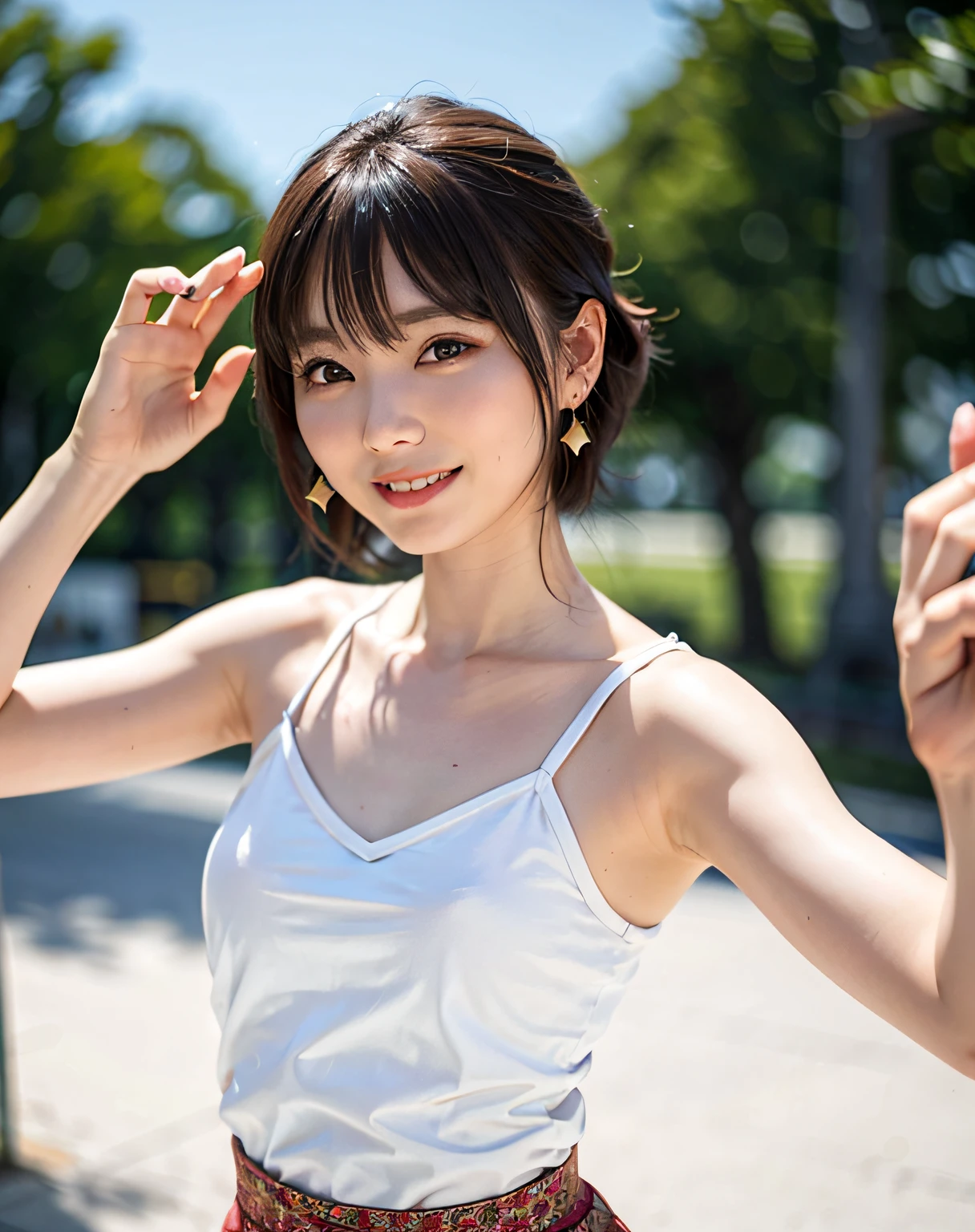 1 woman, best quality, girl 1 person, middle breast, sun, bright, blurred background, bokeh, outdoor, (street: 0.8), (people, crowd: 1), dress (cropped with lace): 1.5, sleeveless dress, white clothes, mini t-shirt, hot pants, gorgeous (short hair, forehead: 1.2), beautiful sky in detail, earrings, (dynamic pose: 1.2), slender, (Whole body: 0.8), soft lighting, wind, glossy skin, smile,