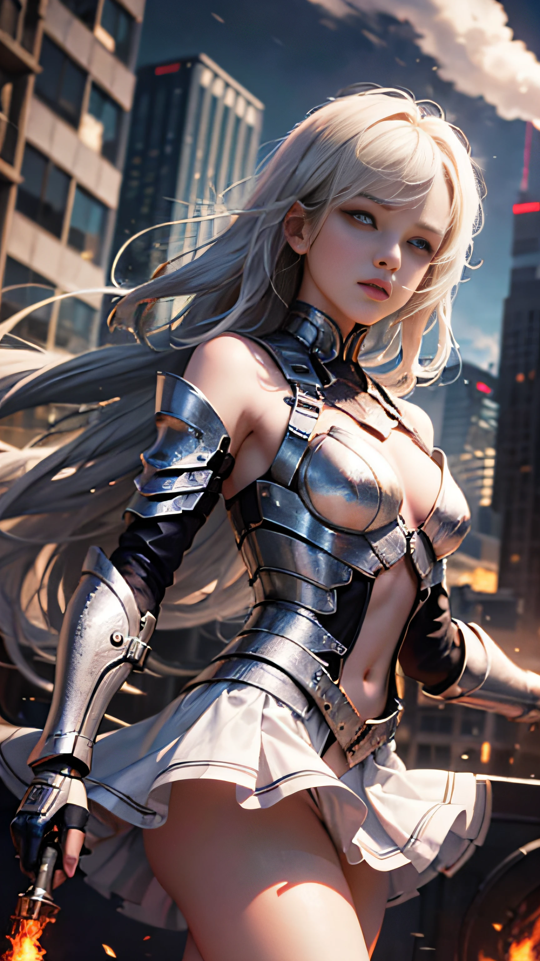 offcial art，统一 8k 壁纸，ultra - detailed，Beauty and aesthetics，tmasterpiece，best qualtiy，1girll，Long hair in white color，cropped shoulders，short  skirt，small thighs，nabel，The is very detailed，dynamic angle，Look at the audience，flowy，（White mechanical armor：1.5），(a burning city)，(blasts)，(Smoke)，(realisticlying:1.4)，RTX4090 rendering technology，Ultra-realistic textures，