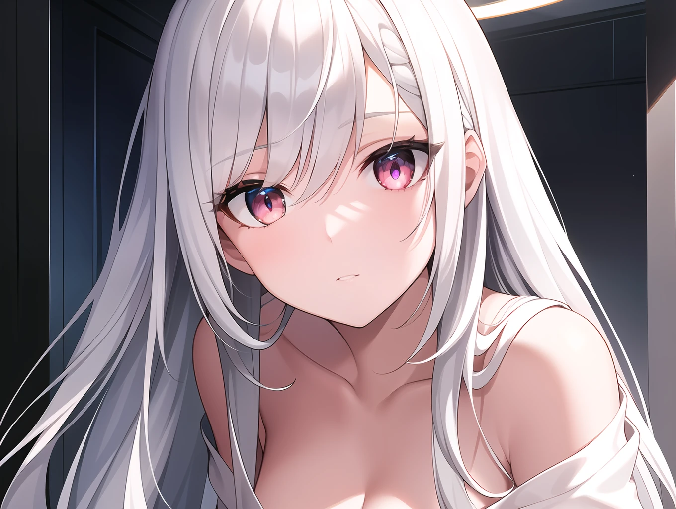 ((Masterpiece, Best quality))++, Detailed light+, Detail hair+, detail hand+ ,1girll, woman, Long hair, Crimson eyes, Beautiful eyes, Young gray hair,,(Beautiful white hair:1.5),(Beautiful detailed eyes), high resolution+, blacksilk , a black skirt, Glass tones, Reflective eyes, ((Halo)), {{Angle}} , extremelydetailedwallpaper, Original, ,