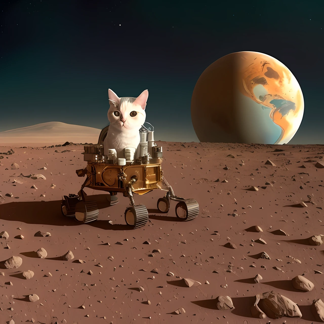 A cat in a spacesuit on Mars. .There is a ship next to him..the Beck Grand Earth