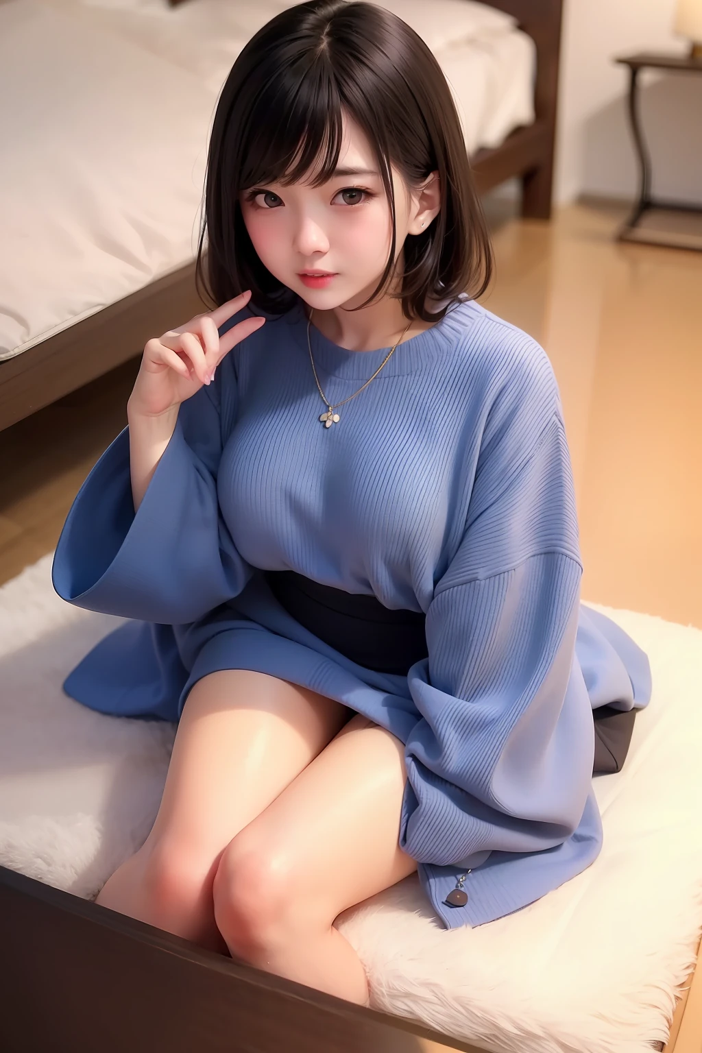 (top-quality、8K、32K、masterpiece、nffsw:1.2)、Photo of a cute Japanese woman、large full breasts、long、The upper part of the body、sface focus、Oversized_Sweaters、a necklace、Home background、From above、looking at the viewers、