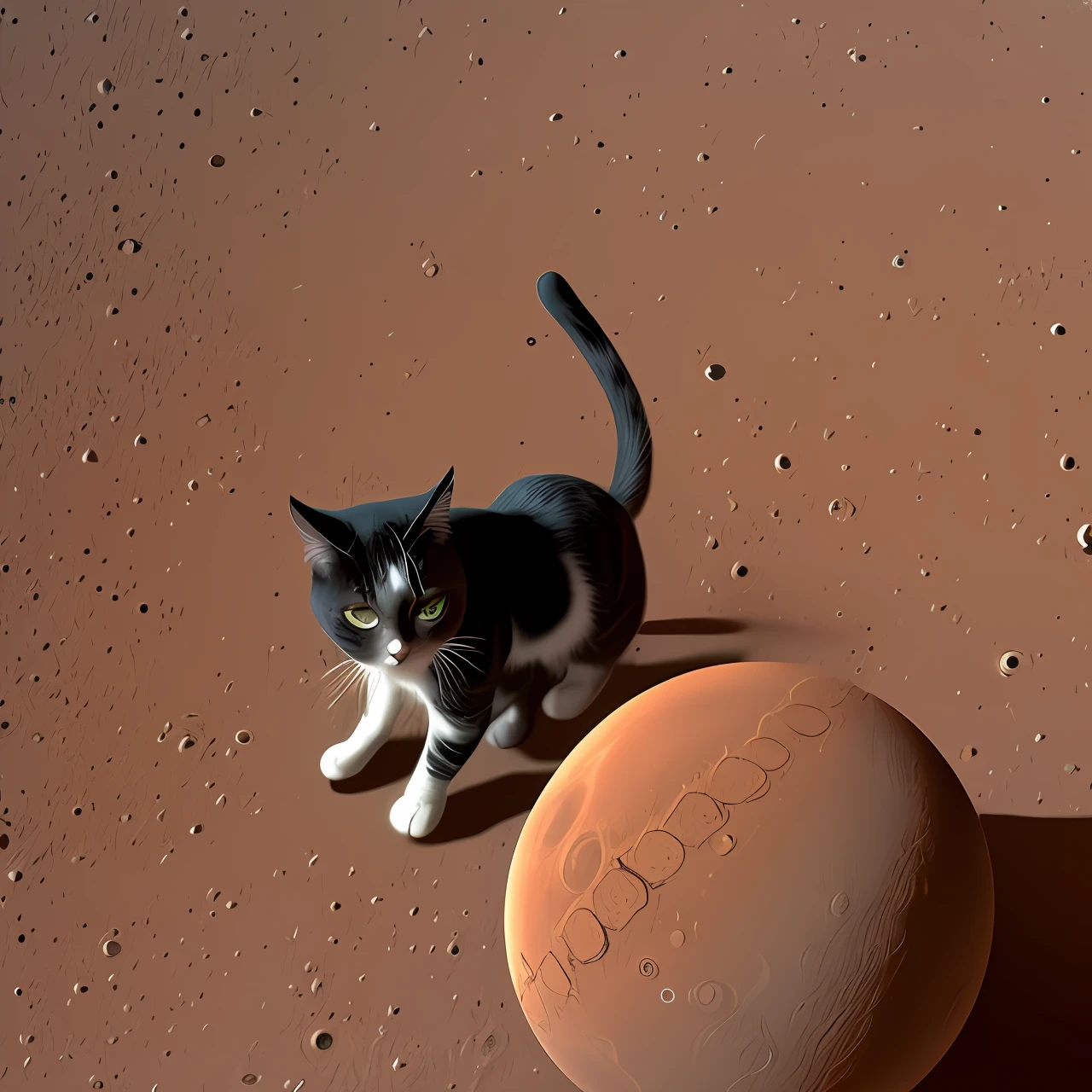 A cat in a spacesuit on Mars. .There is a ship next to him..the Beck Grand Earth