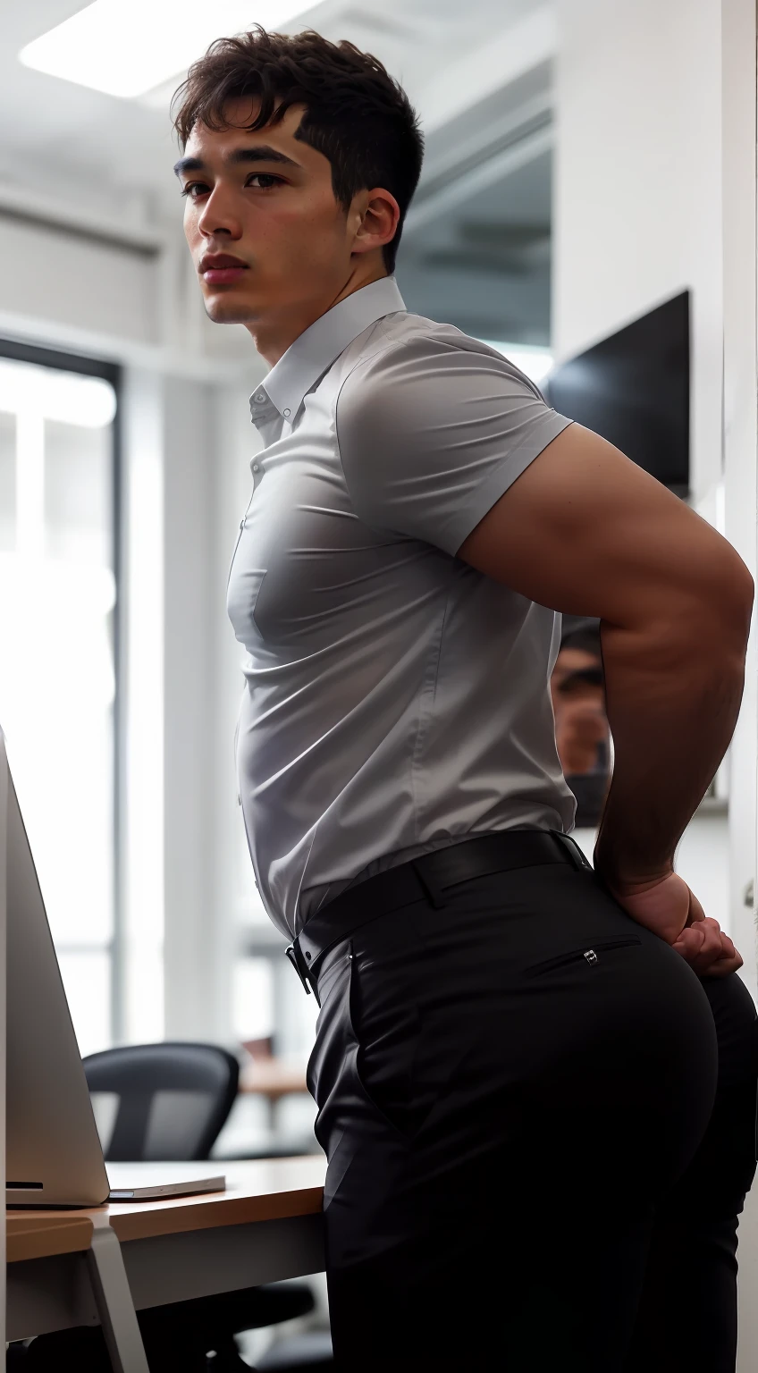 ((photo realistic)), (((one men only in the picture))), 20 years old mature bulky Hiroshi man with sharp chin posing in a white office, short haired, back arched, he is wearing grey shiny pants and shirt (big butt), ((tight pants)), medium shot taken from behind, back - shot, rear-shot, ((Low angle)), thick thigh, big butt, thicc