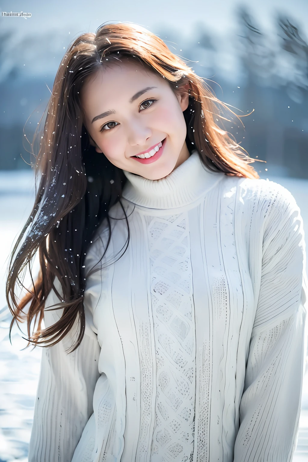 (8k、top-quality、Masterpiece、超A high resolution:1.2) (Paul Rubens and Rebecca Guay's style:1.1) (Gloomy winter snow:1.4) Beautiful Japan Pictures of Women a smile Blue Latex Sweater