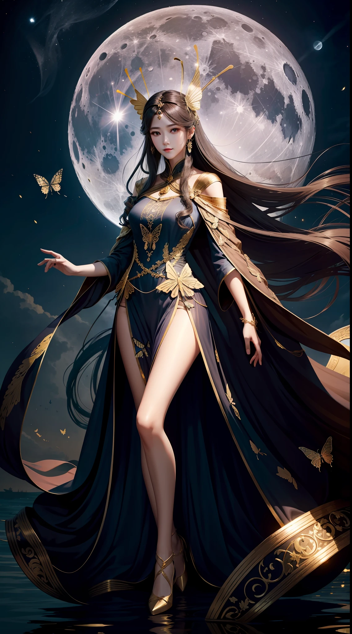 Large long leg detail，Costumes covered with traces of war，Background of moonlit night。Finger sky bright moon，Long flowing hair，Gold leg ring，Butterfly hair ornaments