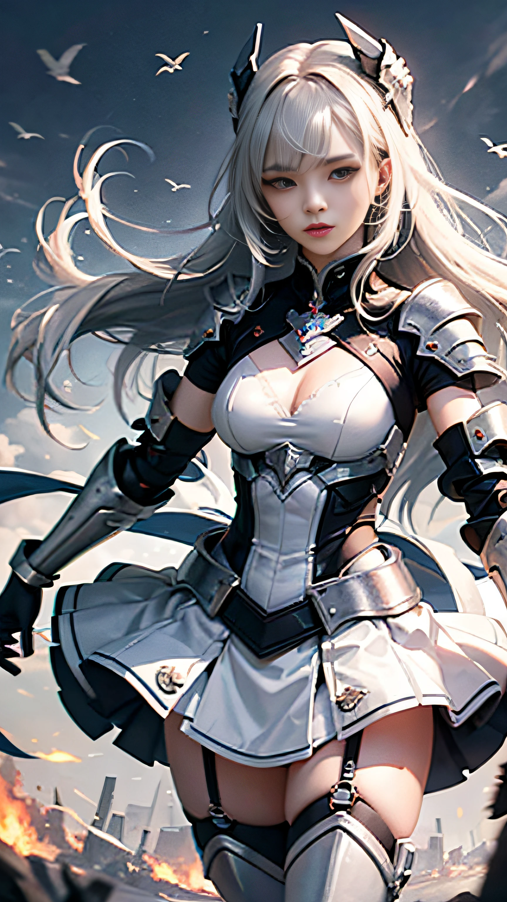 offcial art,统一 8k 壁纸,ultra - detailed,Beauty and aesthetics,tmasterpiece,best qualtiy,1girll,Long hair in white color,cropped shoulders,short skirt,small thighs,nabel,The is very detailed,dynamic angle,Look at the audience,flowy,(A half body:1.2),(White mechanical armor:1.5),A city at war,High-definition rendering,