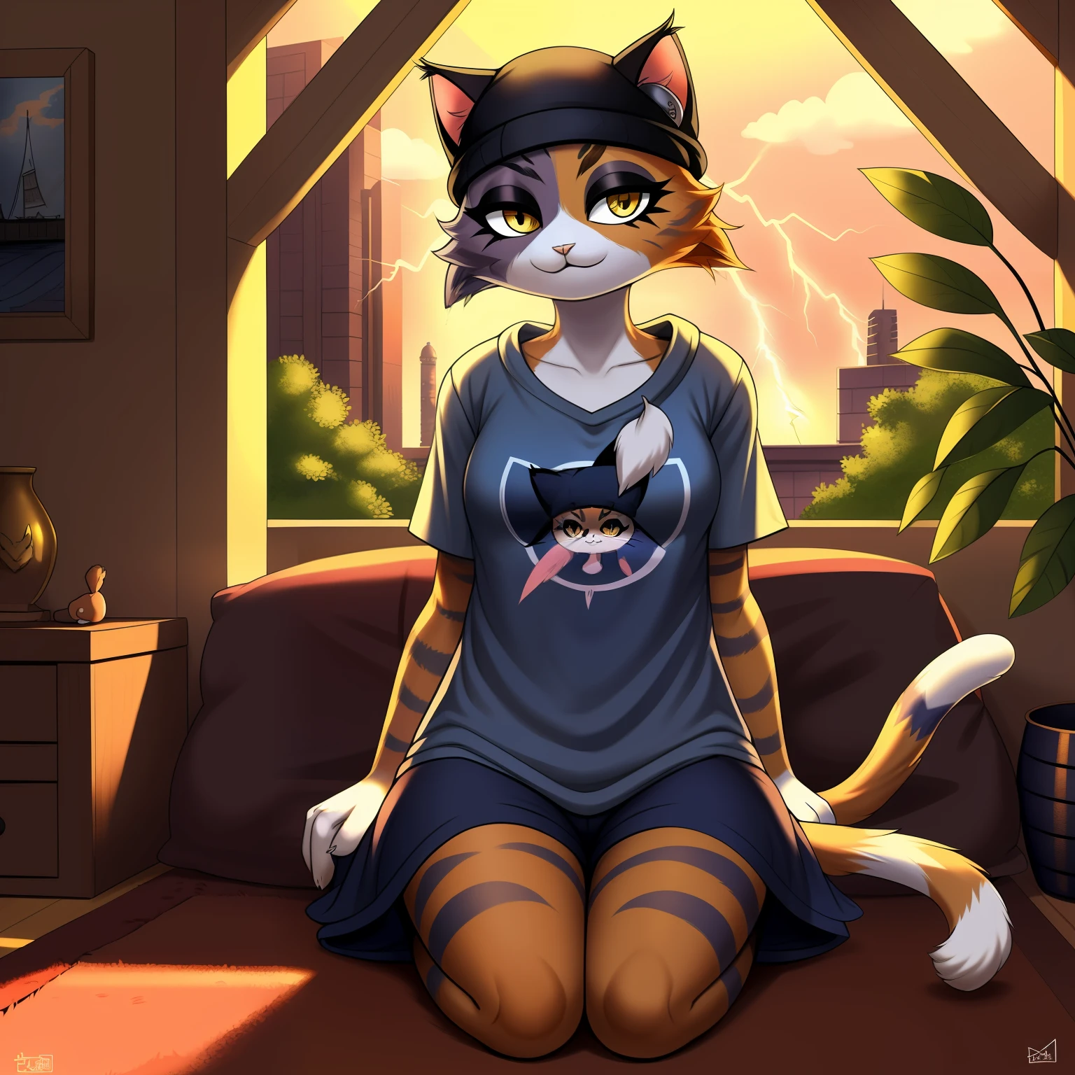 1 girl, anthro cat, catgirl, meowskulls, solo, 3 tone fur, (detailed lightning), (masterpiece), living room background, (detailed background) (detailed fur), sunny day, normal clothes